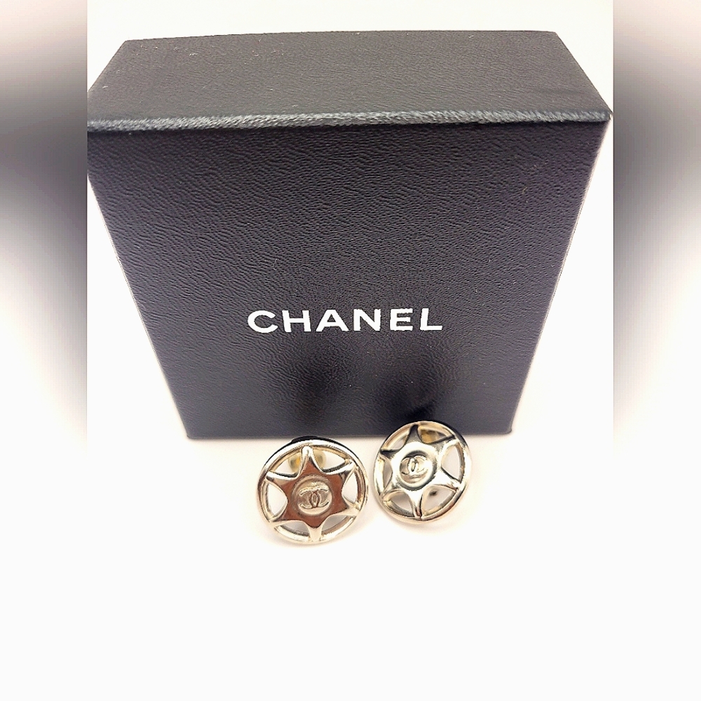 Rare Chanel Silver Star Badge Clip On Earrings